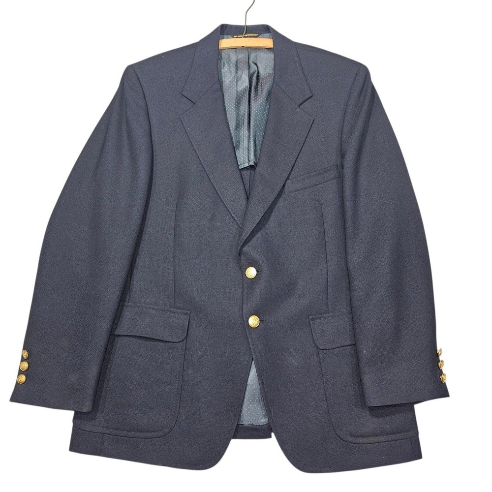 VTG Kingsridge A. Vitullo Navy Blue Hopsack Wool Blazer Gold Crest Button Sz 40R